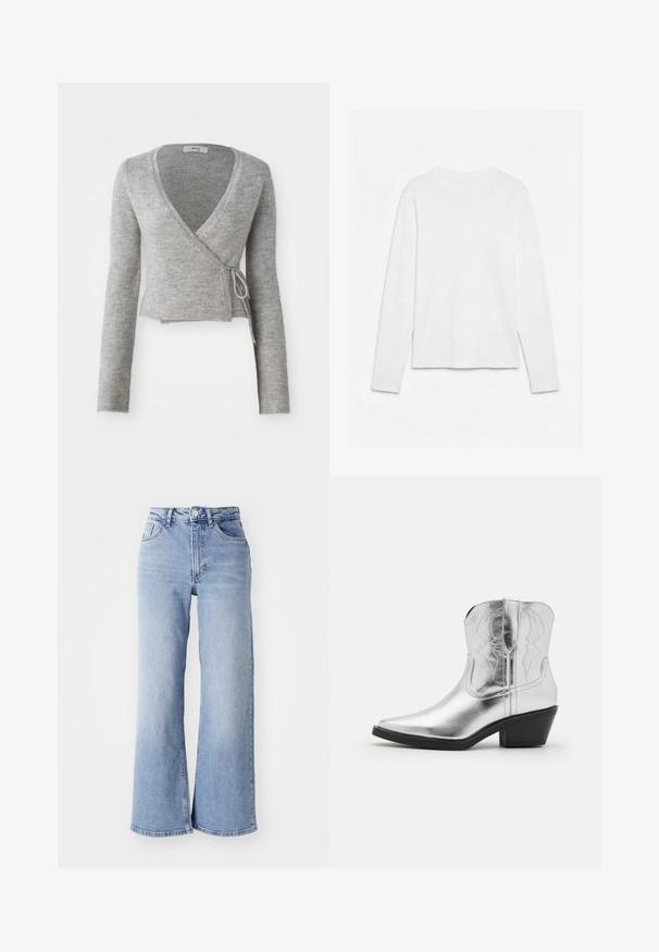 Grijze wikkelcardigan van zacht breigoed, met lange mouwen, een diepe V-hals en een strikdetail op de taille.; Effen wit, langarmig shirt met ronde hals, plat neerligt op een witte ondergrond, waarbij de voorkant en de volledige mouwlengte zichtbaar zijn.; Lichtblauwe hoge taille wijde pijpen jeans met voor- en achterzakken, knoopsluiting en subtiele vervagingen op de dijen en zomen.; Zilveren leren cowboylaarzen met een spitse neus, gestikte details op de schacht en een gematigde zwarte hak. Gladde en glanzende oppervlakte.