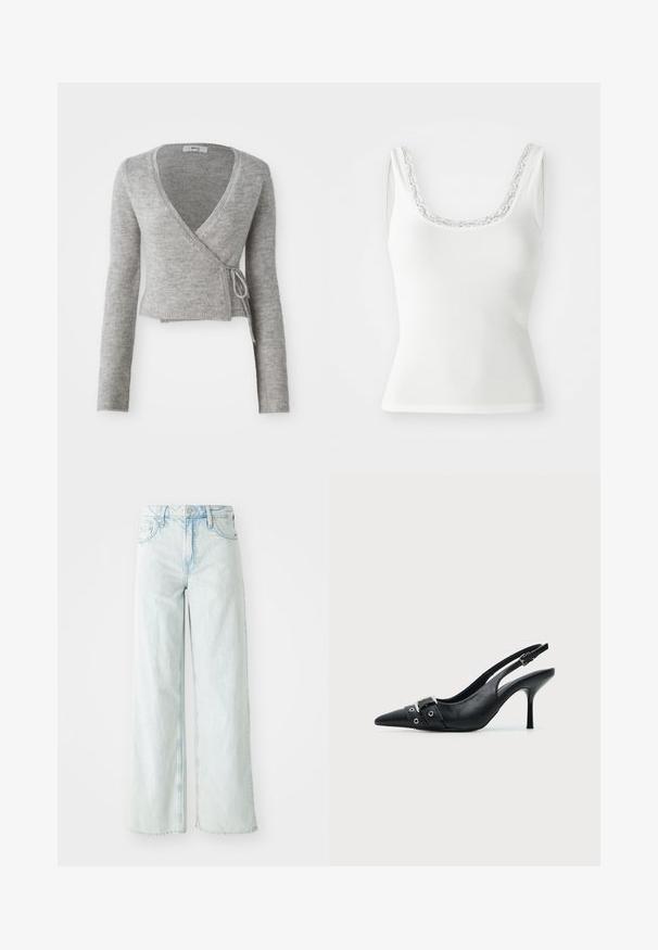 Grijze wikkelcardigan van zacht breigoed, met lange mouwen, een diepe V-hals en een strikdetail op de taille.; Witte geribbelde tanktop met een scoophalslijn versierd met delicate kantafwerking. Mouwloos ontwerp met een aansluitende silhouet.; Lichtblauwe, hooggeplaatste wijdlopende jeans van denim stof. Voorzien van vijf zakken en een knoopsluiting. Verweerde textuur op de dijen.; Zwarte leren pumps met hoge hak en slingback, met een puntige neus en een gesp- en oogjesriem detail aan de voorkant.