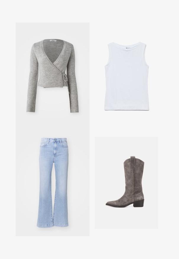 Grijze wikkelcardigan van zacht breigoed, met lange mouwen, een diepe V-hals en een strikdetail op de taille.; Mouwloze witte katoenen top met een brede ronde hals en rechte zoom, plat uitgestald op een witte achtergrond.; Lichtblauwe uitlopende jeans met een hoge taille, denim structuur, voorzakken en een knoopsluiting. Schone afwerking aan de zoom.; Grijze suède westernlaars tot halverwege de kuit met puntige neus, aantreklus en lage gestapelde hak op een witte achtergrond.