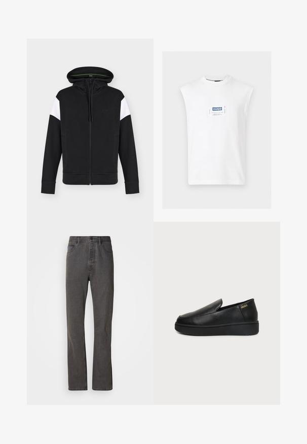 Sweat à capuche zippé noir avec des empiècements blancs sur le haut des manches, poches avant, capuche avec cordon et logo discret "BOSS" sur la poitrine.; T-shirt blanc sans manches à col rond avec un patch rectangulaire centré du logo HUGO en bleu et blanc sur la poitrine.; Jeans en denim gris avec une coupe droite, dotés de poches avant, d'une fermeture à bouton et d'une texture subtile.; Chaussure noire en cuir à enfiler avec semelle épaisse et petits trous de ventilation latéraux, avec un logo doré "HUGO" près du talon.