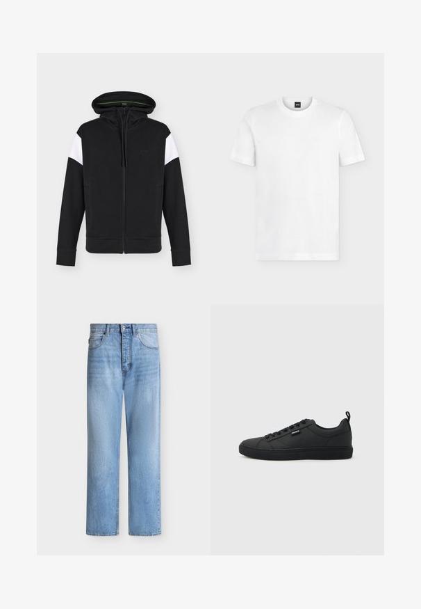 Sweat à capuche zippé noir avec des empiècements blancs sur le haut des manches, poches avant, capuche avec cordon et logo discret "BOSS" sur la poitrine.; T-shirt blanc à manches courtes et col rond avec logo BOSS discret sur la partie supérieure gauche de la poitrine et étiquette noire au niveau du col.; Jean droit en denim bleu clair avec fermeture par bouton et zip, poches avant et arrière, et passants de ceinture à la taille.; Baskets basses noires à fermeture à lacets, semelle plate, avec une petite étiquette "HUGO" sur le côté, présentées de profil sur un fond clair.