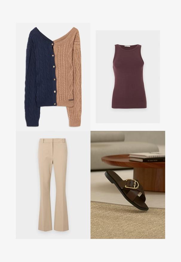 Cárdigan bicolor que presenta azul marino en un lado y marrón claro en el otro. Diseño de punto trenzado con botones a lo largo del lado azul marino.; Camiseta sin mangas ajustada de color púrpura oscuro con escote redondo y logotipo sutil cerca del dobladillo, mostrada sobre un fondo claro y liso.; Pantalones beige ajustados de corte recto, con frente plano, trabillas para cinturón y una textura suave. Sin bolsillos ni patrones visibles.; Sandalia marrón de cuero sin cierre con hebilla dorada sobre una alfombra beige, mesa de centro de madera y libros al fondo.