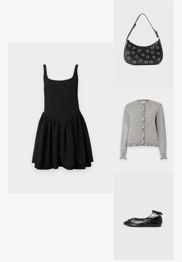 Grå strikket cardigan med rund halsudskæring, bølget knapstolpe og flæseærmer. Har små lyserøde knapper og ribbet kant.; Sort ærmeløs kjole med firkantet udskæring, tætsiddende overdel og en sammensamlet, udvidet nederdel; glat tekstur og ensfarvet.; Sorte balletflade sko i laklæder med rundet tå, snørelukning og flad sål. Glat tekstur med få detaljer.; Sort læder skuldertaske med justerbar rem, dekoreret med sølvfarvede metalnitter og lukning med øverste lynlås.
