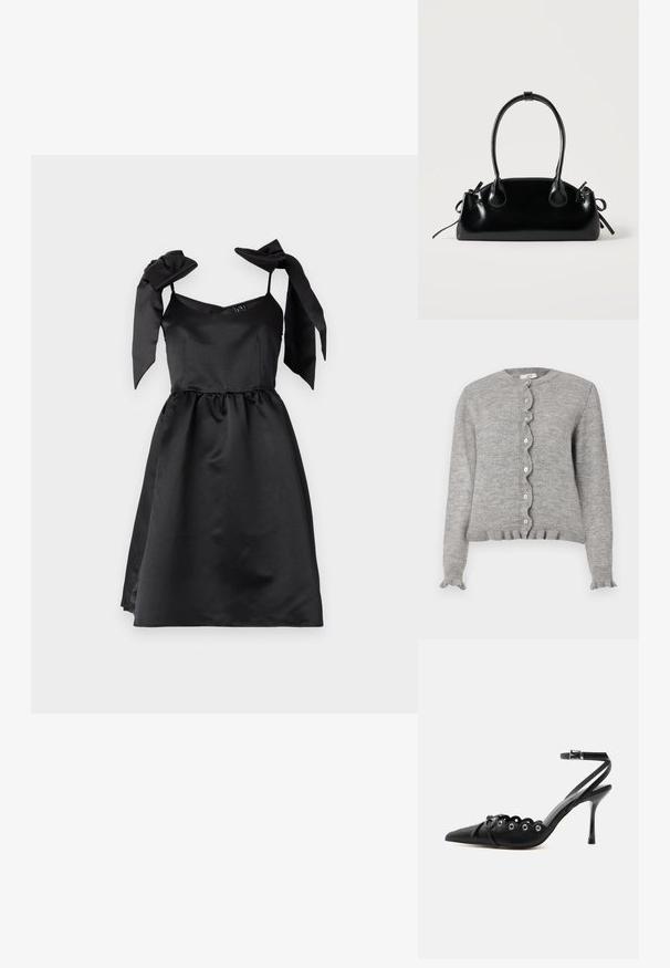 Grå strikket cardigan med rund halsudskæring, bølget knapstolpe og flæseærmer. Har små lyserøde knapper og ribbet kant.; Sort satin kjole med tætsiddende liv, udvidet skørt og overdimensionerede sløjfe-stropper. Glat tekstur og elastisk talje for ekstra komfort.; Sort spids hæl med bølgede kanter, metaløjer, snørelukning foran og ankelrem med spænde.; Lille sort blank håndtaske med to lange håndtag og snøre-detaljer i siden på en ensfarvet lys baggrund.