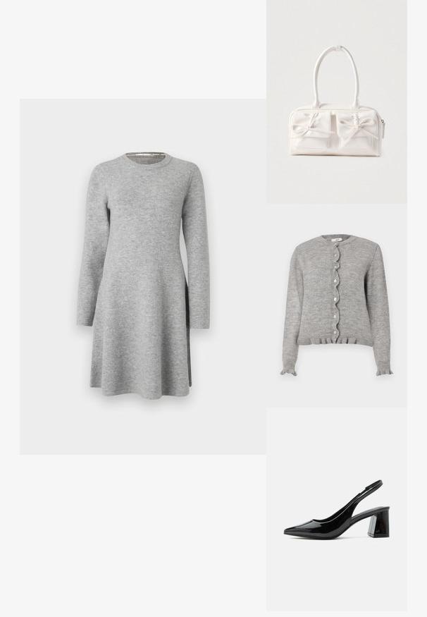 Grå strikket cardigan med rund halsudskæring, bølget knapstolpe og flæseærmer. Har små lyserøde knapper og ribbet kant.; Grå langærmet kjole lavet af blødt stof; har en rund halsudskæring og en afslappet pasform, der flarer let ved kanten med sideslids.; Sort slingback sko i lakeret læder med spids tå og chunky midhøj blokhæl på hvid baggrund.; Hvid syntetisk håndtaske med to forlommer, hver med en bundet sløjfedetalje. Glat tekstur, afrundede håndtag og lynlås lukning.
