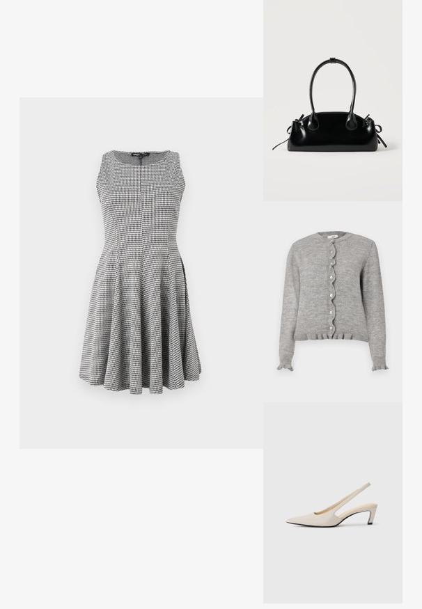 Cárdigan de punto gris con escote redondeado, tapeta de botones con bordes ondulados y puños con volantes. Presenta pequeños botones rosas y un dobladillo acanalado.; Vestido sin mangas a cuadros blanco y negro con un corsé ajustado y falda acampanada, textura suave y sutiles detalles de costura.; Tacones slingback beige con punta estrecha, laterales abiertos y un pequeño tacón cuadrado. Textura de cuero suave y diseño minimalista.; Pequeño bolso negro brillante con dos asas largas y detalles de cordón lateral sobre un fondo claro liso.