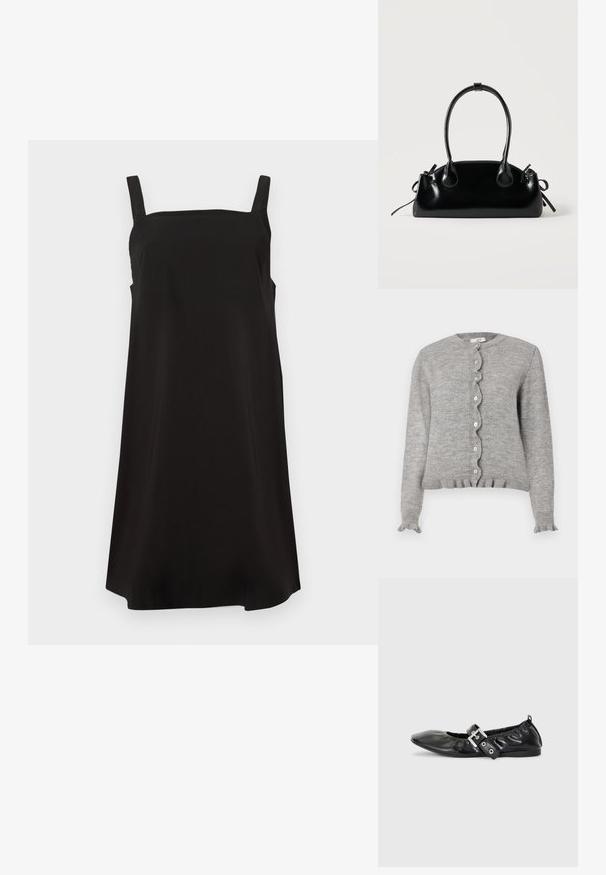 Hallide hall cardigan ümarate kaelustega, lainelise nööbiviiliga ja volangmanžettidega. Omab väikseid roosade nööpe ja soonikserva.; Must mustrõngaga must kleit, mis on valmistatud siledast kangast, vaba lõike ja sirge silueti puhul. Pole nähtavaid mustreid ega metallist elemente.; Must musta lamega, millel on terav nina, kokkukogutud detailid avause ümber ja hõbedane pandla aktsent reguleeritaval rihmal.; Väike must läikiv käekott kahe pika sangaga ja külgedel paelakinnitustega, ühel lihtsal helel taustal.