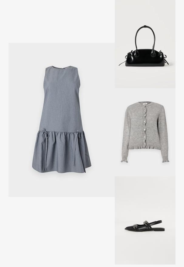 Cardigan gris en tricot avec un col rond, une patte de boutonnage à bords festonnés, et des poignets volantés. Il présente de petits boutons roses et un ourlet côtelé.; Robe en denim grise sans manches avec jupe froncée, présentant des accents à cordon au niveau de l'ourlet et un col rond. Texture lisse, coupe décontractée.; Even&Odd by Zalando Ballerines à brides arrière - black; Petit sac à main noir brillant avec deux longues anses et des détails à cordon sur les côtés sur un fond clair uni.