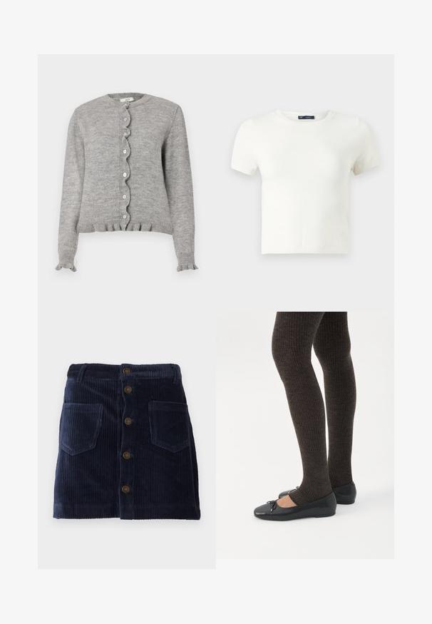 Cárdigan de punto gris con escote redondeado, tapeta de botones con bordes ondulados y puños con volantes. Presenta pequeños botones rosas y un dobladillo acanalado.; Camiseta blanca de manga corta fabricada con un material suave. Presenta un clásico diseño de cuello redondo y un ajuste slim, sin patrones ni acentos visibles.; Falda de pana color azul marino con cierre frontal de botones y dos bolsillos de parche, con textura de ribetes verticales.; Piernas con leggings oscuros acanalados combinados con bailarinas negras que presentan pequeños detalles de lazo sobre un fondo blanco.