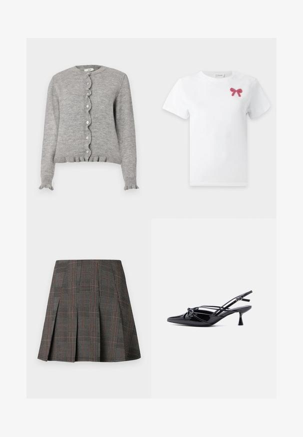 Cardigan gri tricotat, cu un guler rotund, fermoar cu dantelă și manșete rulate. Include butoane mici roz și tiv cu dungi.; Tricou alb cu mâneci scurte, cu un mic decor în formă de fundiță roz din mărgele în partea superioară stângă a pieptului.; Fustă gri cu carouri, prevăzută cu plisse, având modele intricate în alb și negru, accentuate de linii subțiri roșii. Fabricată dintr-un material structurat.; Pantof elegant cu toc mic, din piele lac neagră, cu vârf ascuțit, bretea în spatele călcâiului și detaliu decorativ cu fundiță legată în față.