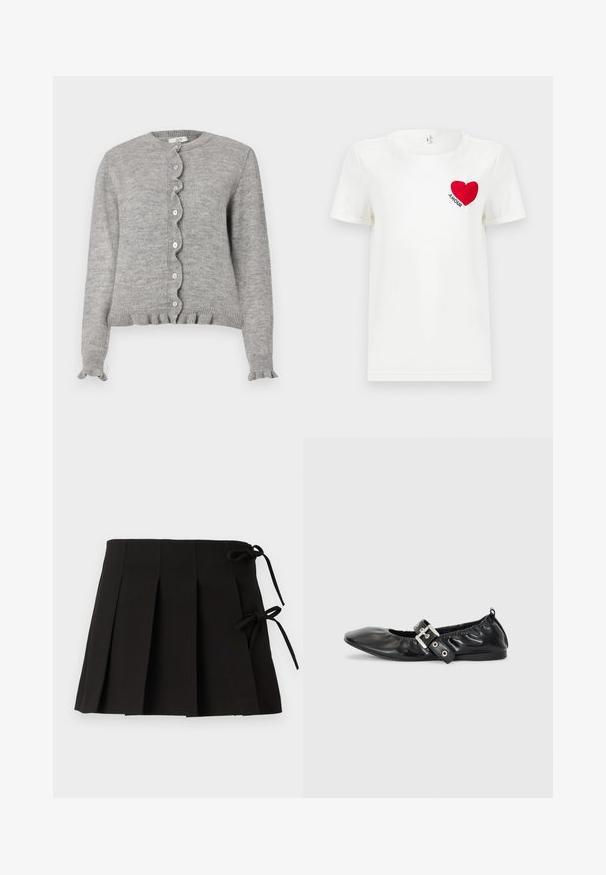 Grå strikket cardigan med rund halsudskæring, bølget knapstolpe og flæseærmer. Har små lyserøde knapper og ribbet kant.; Hvid T-shirt med korte ærmer, prydet med et rødt hjerte og ordet "AMOUR" trykt på venstre bryst.; Sort plisseret nederdel med sidesnore, lavet af stof med en glat tekstur; har et struktureret design og rene linjer.; Sorte læder flade sko med spids tå, samling detaljer omkring åbningen, og en sølv spænde accent på den justerbare rem.