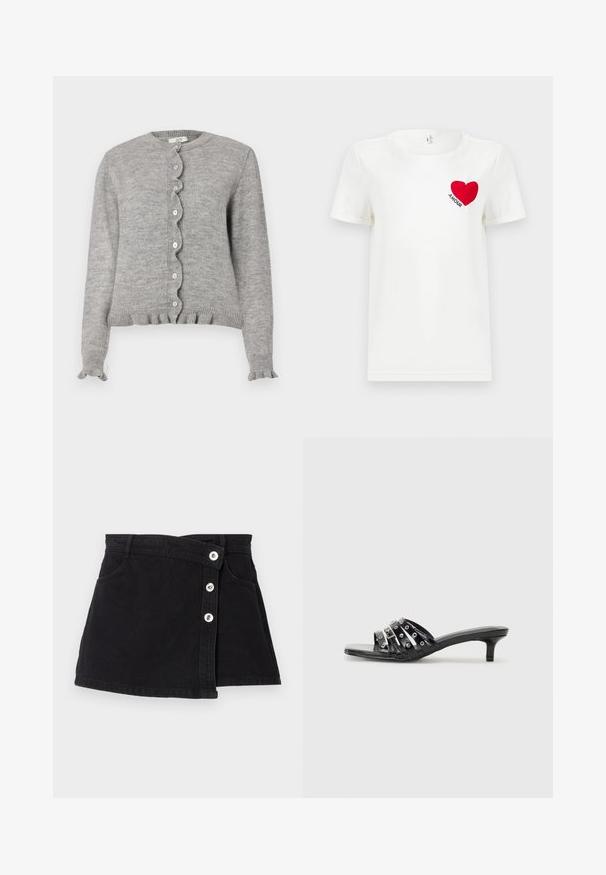 Cardigan gris en tricot avec un col rond, une patte de boutonnage à bords festonnés, et des poignets volantés. Il présente de petits boutons roses et un ourlet côtelé.; T-shirt blanc à manches courtes avec un cœur rouge et le mot "AMOUR" imprimé sur la zone gauche de la poitrine.; Jupe en denim noir à taille haute, dotée d'un design enveloppant, de cinq boutons argentés d'un côté et de deux poches latérales. Texture lisse.; Sandales à talons noires avec plusieurs brides brillantes et des accents métalliques, présentant un bout pointu et des talons kitten discrets. Texture lisse.