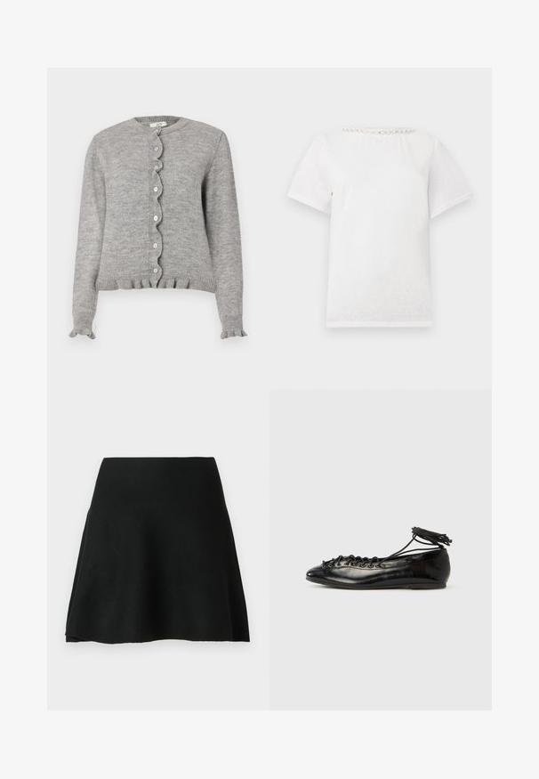 Grijze gebreide cardigan met een ronde halslijn, gekartelde knopenlijst en gerimpelde manchetten. Heeft kleine roze knopen en een ribgebreide zoom.; Witte T-shirt met korte mouwen en een ronde halslijn, voorzien van een rij decoratieve parels langs de kraag.; Zwarte skaterrok van zacht stof, met een uitlopende vorm en een gladde textuur, heeft een hoge tailleband en is geknipt boven de knie.; Zwarte ballerina's van lakleer met een afgeronde neus, veterdesign en een platte zool. Glad oppervlak met minimale details.