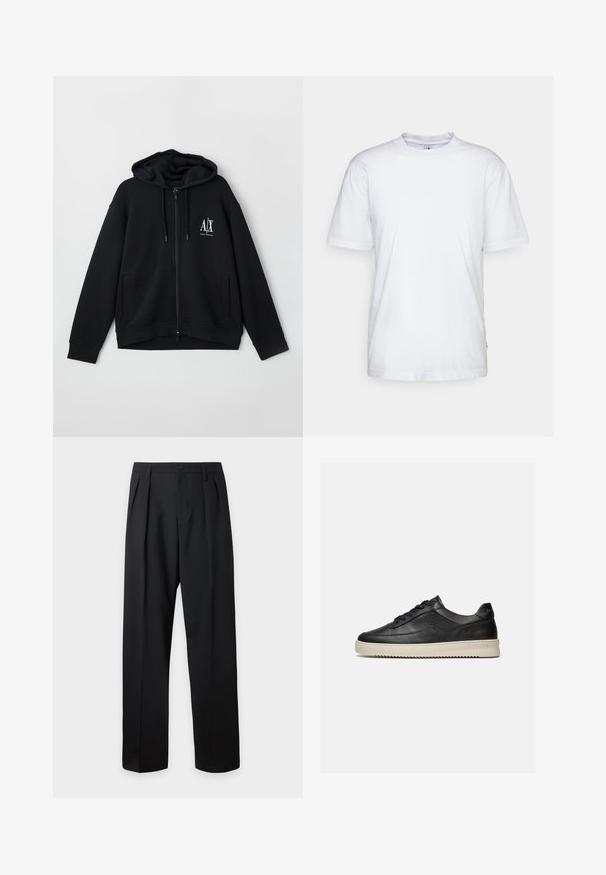 Sort lynlås hoodie lavet af blød stof, med en foret hætte, to forlommer og et lille hvidt logo på venstre bryst.; Hvid bomulds t-shirt med rund hals, korte ærmer og lige kant. Har et lille mærke på den venstre sidesøm.; Sorte skræddersyede bukser med høj talje, bæltestropper, frontfolder, knaplukning og lige vide ben på en lys baggrund.; Sort lavtop lædersneaker med sorte snørebånd og en tyk off-white gummisål, vist på en hvid baggrund.