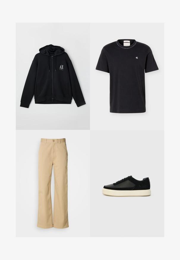 Hoodie noir zippé fabriqué dans un tissu doux, doté d'une capuche doublée, de deux poches avant et d'un petit logo blanc sur la poitrine gauche.; T-shirt noir à manches courtes et col rond avec petit logo blanc "cK" sur le côté gauche de la poitrine, coupe classique, design simple.; Pantalon large beige en mélange coton. Fermeture par bouton et passants de ceinture. Texture lisse, avec des détails de couture minimaux.; Sneaker noir avec une combinaison de cuir et de suède, bout rond, lacets ton sur ton et une semelle en caoutchouc blanc épaisse. Détail subtil du logo sur le côté.