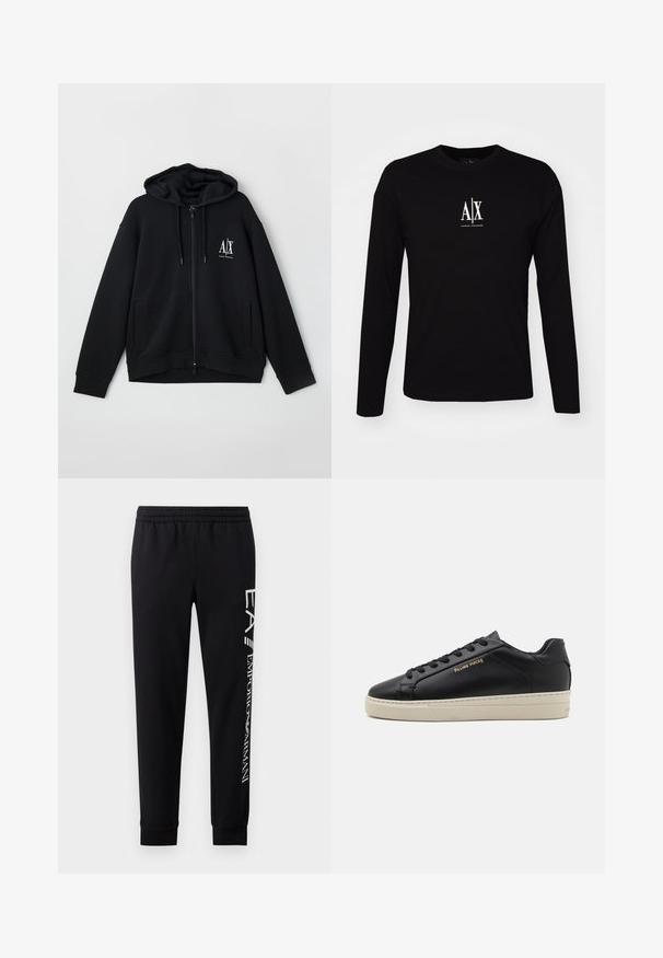 Sort lynlås hoodie lavet af blød stof, med en foret hætte, to forlommer og et lille hvidt logo på venstre bryst.; Langærmet sort T-shirt lavet af bomuld med rund halsudskæring. Har et hvidt logo "A|X" centreret på brystet. Enkel design, minimale accenter.; Sorte sweatpants lavet af en bomuldsblanding, med elastisk talje, smalle ben, ribbede manchetter og hvidt logo print langs siden.; Sorte lædersneakers med en glat finish, kontrasterende cremefarvet sål, rund tå, guld logo på siden og seks huller til snørebånd.