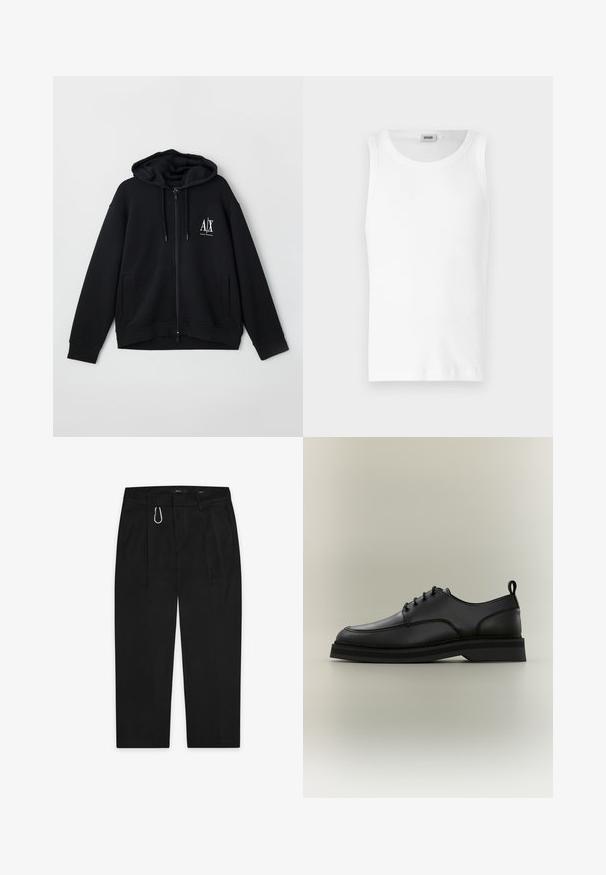 Schwarze Zip-Hoodie aus weichem Stoff, mit gefütterter Kapuze, zwei Fronttaschen und einem kleinen weißen Logo auf der linken Brust.; Weißes Baumwoll-Tanktop ohne Ärmel mit Rundhalsausschnitt und glatter Textur. Einfaches Design, ohne Muster oder Akzente.; Schwarze Hose mit geradem Bein-Design, ausgestattet mit einem silbernen Karabinerclip und zwei Seitentaschen. Hergestellt aus glattem Stoff.; Schwarzer Lederschnürschuh mit dicker Sohle und Zuglasche an der Ferse, seitlich auf neutralem Hintergrund dargestellt.
