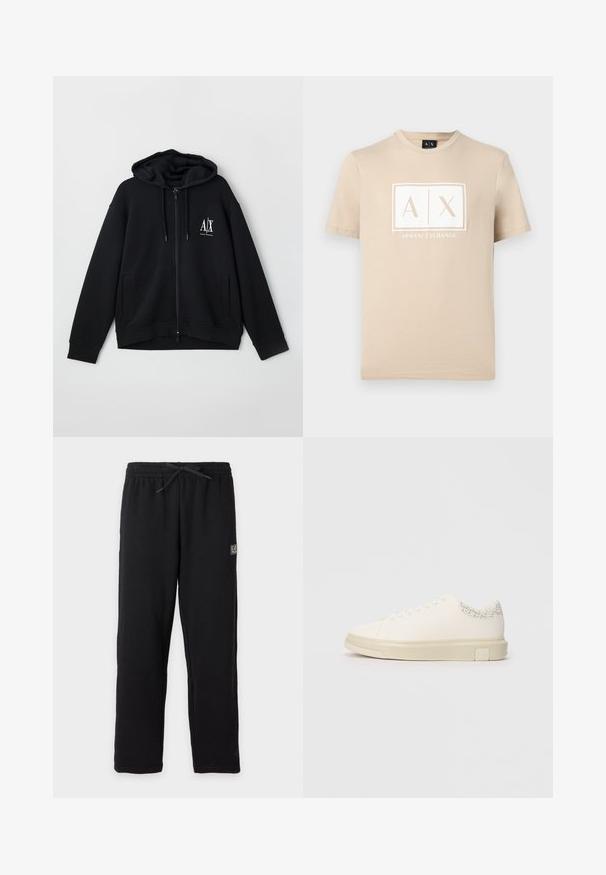 Schwarze Zip-Hoodie aus weichem Stoff, mit gefütterter Kapuze, zwei Fronttaschen und einem kleinen weißen Logo auf der linken Brust.; Beige Kurzarm-T-Shirt mit Rundhalsausschnitt und weißem Armani Exchange "A|X" Logo in der Mitte auf der Brust.; Schwarze Sweatpants mit elastischem Bund und Kordelzug, mit einem kleinen rechteckigen EA7-Logo auf dem oberen linken Oberschenkel.; Weißer Sneaker mit einem glatten Obermaterial aus Canvas, flachen Schnürsenkeln, gepolstertem Kragen und einem strukturierten grauen Akzent an der Rückseite. Chunkige Gummisohle.