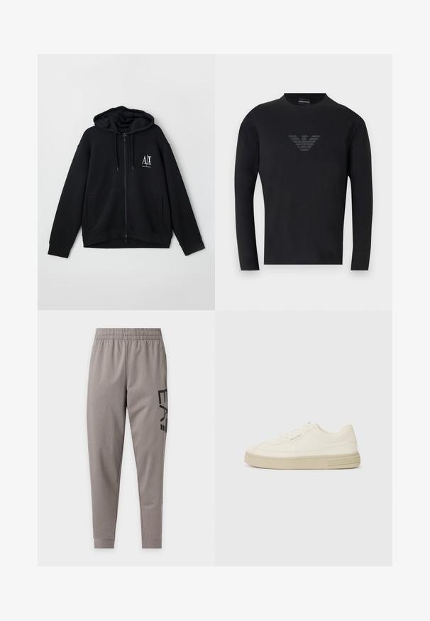 Schwarze Zip-Hoodie aus weichem Stoff, mit gefütterter Kapuze, zwei Fronttaschen und einem kleinen weißen Logo auf der linken Brust.; Schwarzes Langarm-T-Shirt mit rundem Ausschnitt und einem dezenten dunkelgrauen Emporio Armani Adler-Logo in der Mitte der Brust.; Hellgraue schmal zulaufende Jogginghose mit elastischem Bund und schwarzem, senkrecht auf dem rechten Oberschenkel aufgedrucktem Schriftzug "E A7".; Weiße Leinen-Sneaker mit einer strukturierten Gummisohle, die eine gestickte Zehenkappe und ein Logo-Detail an der Ferse aufweisen. Einfaches Schnürdesign.
