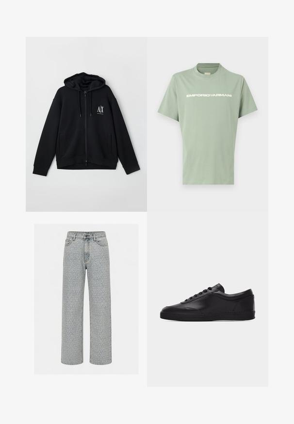 Schwarze Zip-Hoodie aus weichem Stoff, mit gefütterter Kapuze, zwei Fronttaschen und einem kleinen weißen Logo auf der linken Brust.; Hellgrünes T-Shirt mit kurzen Ärmeln und Rundhalsausschnitt, mit weißem EMPORIO ARMANI Logo auf der Brust, auf einfarbigem Hintergrund präsentiert.; Hellblaue Jeans mit geradem Bein und dezentem, durchgehendem Strukturmuster, vorne mit Knopf- und Reißverschluss sowie Gürtelschlaufen.; Schwarzer flacher Leder-Sneaker mit Schnürung vorne und flacher Gummisohle, seitlich auf einem schlichten weißen Hintergrund gezeigt.