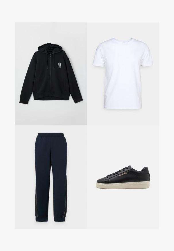 Schwarze Zip-Hoodie aus weichem Stoff, mit gefütterter Kapuze, zwei Fronttaschen und einem kleinen weißen Logo auf der linken Brust.; Weißes T-Shirt mit kurzen Ärmeln aus Baumwollstoff und rundem Halsausschnitt. Schlichtes Design ohne Muster oder Akzente. Glatte Textur.; Navy Sweatpants mit weichem Material, schmal zulaufenden Bündchen und Netzseiteneinsätzen. Elastischer Bund für Komfort und legere Passform.; Schwarze Leder-Sneaker mit glatter Oberfläche, kontrastierender cremefarbener Sohle, abgerundeter Spitze, goldfarbenem Logo an der Seite und sechs Ösen für die Schnürsenkel.