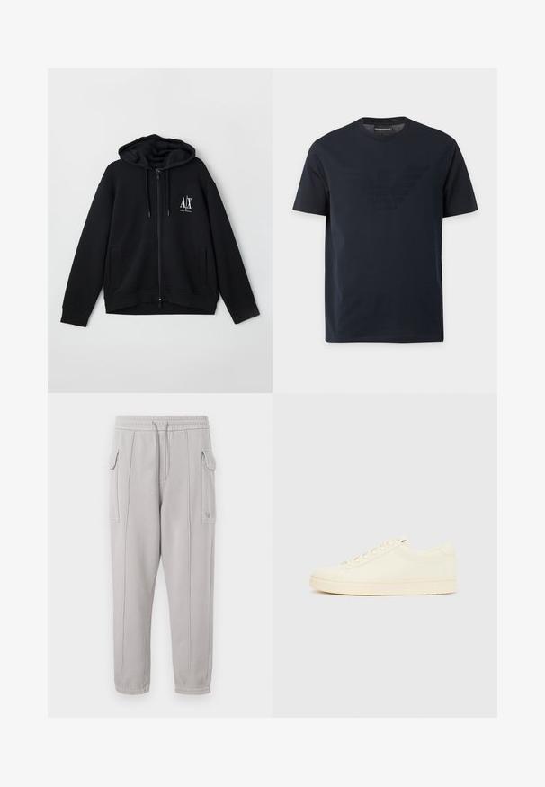 Schwarze Zip-Hoodie aus weichem Stoff, mit gefütterter Kapuze, zwei Fronttaschen und einem kleinen weißen Logo auf der linken Brust.; Schwarzes T-Shirt mit kurzen Ärmeln und Rundhalsausschnitt, mit einem dezenten, erhabenen Adler-Logo auf der Brust und einem Markenetikett innen im Kragen.; Graue Sweatpants mit elastischem Bund, Seitentaschen und vertikal gesteppten Details entlang der Beine. Aus Baumwollmischung gefertigt.; Cremefarbener Sneaker mit glattem Lederoberteil, abgerundeter Zehenpartie, Schnürung vorne und strukturierter Gummisohle. Minimalistisches Design, ohne Logos.