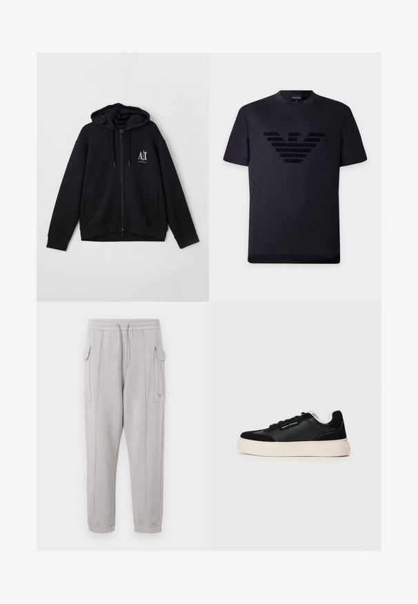 Zwarte zip-up hoodie van zacht materiaal, met een gevoerde capuchon, twee voorke pockets, en een klein wit logo op de linkerkant van de borst.; Zwart T-shirt met korte mouwen en ronde hals, met een groot reliëf arendlogo gemaakt van kleine patronen op de borst.; Grijze trainingbroek met elastische tailleband, zijzakken en gestikt detail dat verticaal langs de benen loopt. Katoenmengsel textuur.; Zwarte leren sneaker met een textuurafwerking, contrasterende crèmekleurige rubberen zool, vetersysteem en merkopdruk op de zijkant.