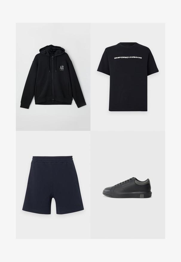 Schwarze Zip-Hoodie aus weichem Stoff, mit gefütterter Kapuze, zwei Fronttaschen und einem kleinen weißen Logo auf der linken Brust.; Schwarzes T-Shirt mit kurzen Ärmeln und Rundhalsausschnitt, mit weißem "EMPORIO ARMANI"-Schriftzug und Adler-Logo, zentriert auf der Brust.; Marineblaue Freizeitshorts mit elastischem Bund und Seitentaschen, ausgestattet mit einem dezenten Logo am unteren linken Bein.; Schwarze Ledersneaker mit glatter Oberfläche, runder Zehenpartie und dunkelgrauen Akzenten. Verfügt über ein Schnürdesign und eine strukturierte Gummisohle.