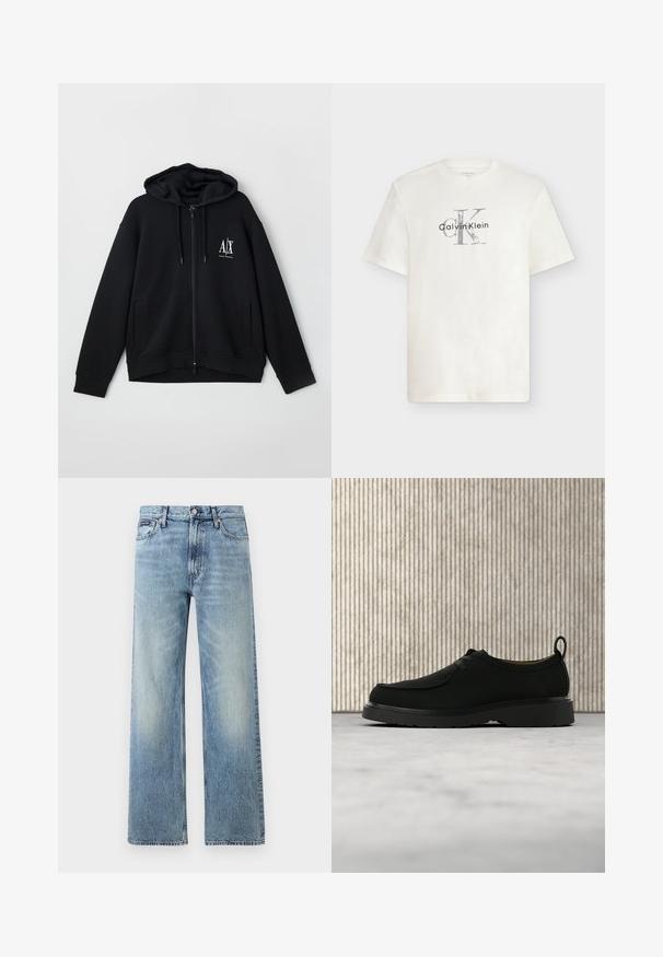 Sort lynlås hoodie lavet af blød stof, med en foret hætte, to forlommer og et lille hvidt logo på venstre bryst.; Hvid T-shirt med korte ærmer og rund hals med Calvin Klein-logo i grå og sort centreret på brystet.; Lyseblå denim jeans med lige ben, højt talje, fem lommer, knaplukning og diskrete falmede områder på lår og knæ.; Sort lædersko til fritid med snørebånd, tyk sål og træksnor, placeret i luften over beige tæppe med brunt rundt møbel i baggrunden.