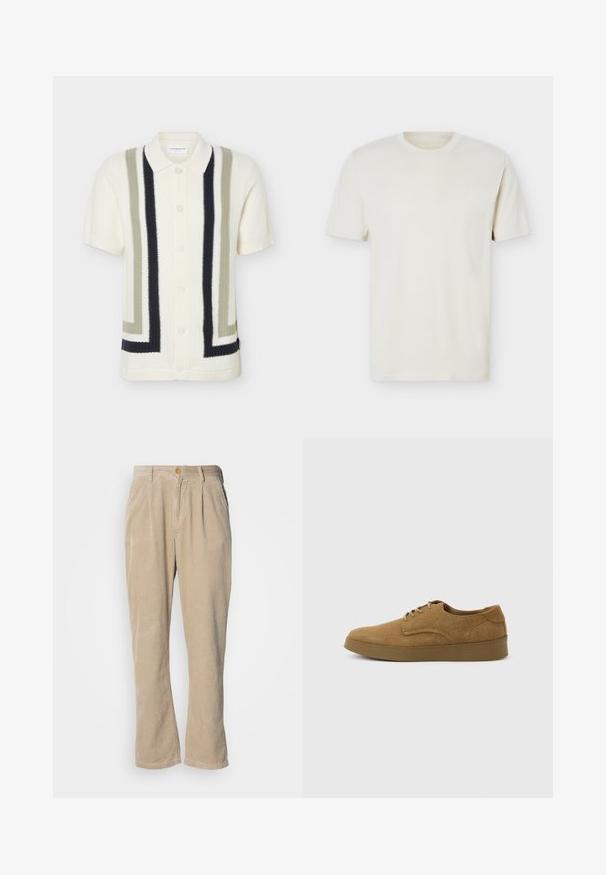 Kortærmet hvid strikket cardigan med creme-, oliven- og sorte geometriske lodrette striber og knapper foran, med klassisk krave.; Simpel, off-white T-shirt med korte ærmer og rund hals, med diskret logo på venstre bryst, vist mod en hvid flad baggrund.; Beige kordfløjlsbukser med lige ben-silhuet, som har læg ved taljen og en frontlukning med knap. Tekstureret overflade.; Brun ruskindslærredsko med snørebånd og flad gummisål, set fra siden på en ensfarvet lys baggrund.