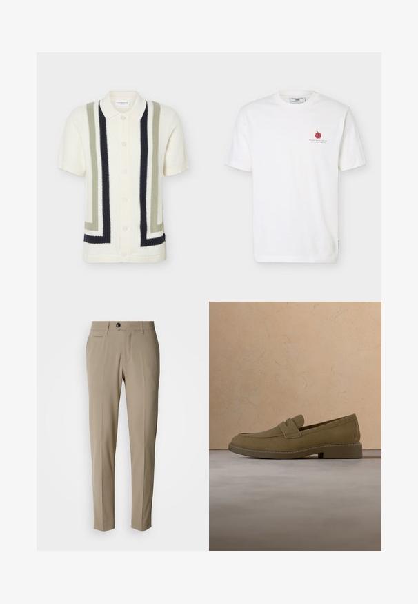 Kortærmet hvid strikket cardigan med creme-, oliven- og sorte geometriske lodrette striber og knapper foran, med klassisk krave.; Hvid kortærmet t-shirt med lille rød æblegrafik og sort tekst på venstre bryst, rund halsudskæring og mærke indeni kraven.; Beige skræddersyede bukser med flad front, sidelommer, bæltestropper og en enkelt sort knap lukning. Glat stoftekstur.; Brun mokkalærreds loafersko svæver over et tekstureret beige tæppe i en stue med et træ sofabord og stabler af bøger.