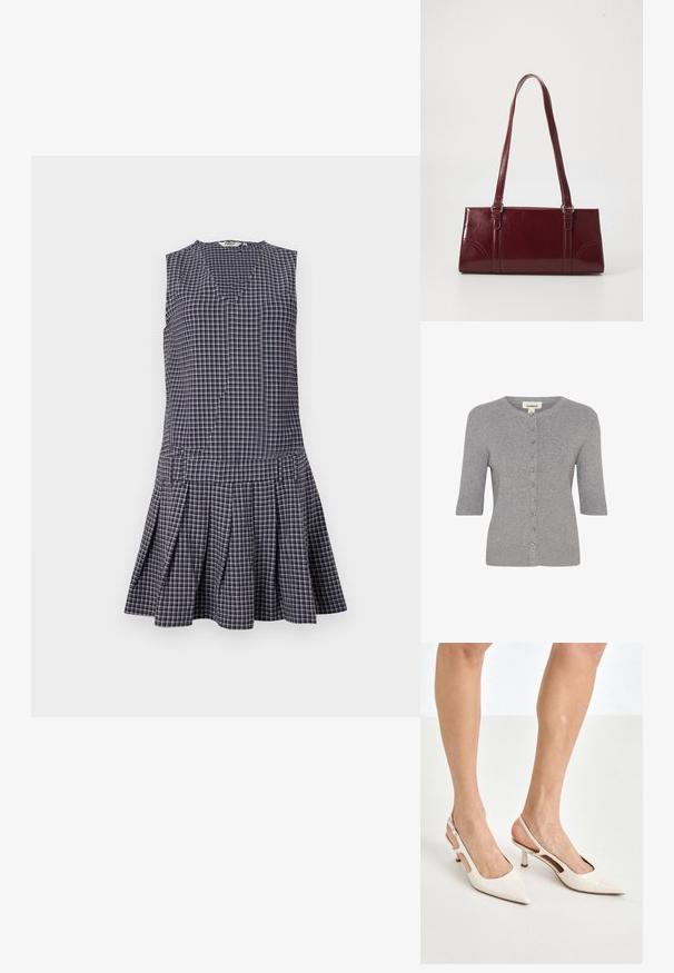Cárdigan corto gris de manga corta, hecho de material de punto acanalado, con un escote redondeado y cierre de botones en la parte delantera.; Vestido de cuadros en navy con escote en V, diseño sin mangas, falda con plisados y cintura estructurada. Hecho de una tela ligera.; Tacones slingback de charol beige con punta afilada y un tacón de 5 cm, con lados recortados y una delgada correa en el tobillo.; Bolso burdeos hecho de material brillante, de forma rectangular, con dos asas para el hombro y sutiles acentos curvados en la parte frontal.