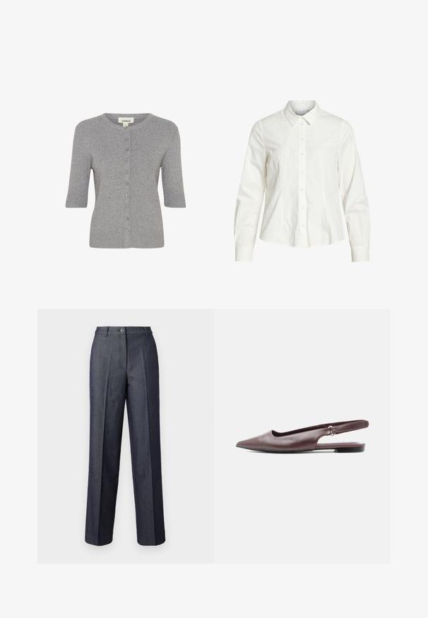 Cárdigan corto gris de manga corta, hecho de material de punto acanalado, con un escote redondeado y cierre de botones en la parte delantera.; Camisa blanca de botones hecha de algodón, con collar clásico, mangas largas y un sutil detalle de pliegues en la parte delantera. Textura suave.; Pantalones de pierna ancha en gris oscuro, confeccionados con una tela suave, que presentan un cierre frontal con botón, pliegues ajustados y bolsillos elegantes.; Zapato plano burdeos con punta en pico, trasera con tira ajustable y tacón bajo sobre fondo blanco.