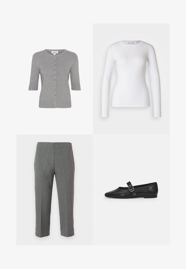 Grå kortærmet cardigan lavet af ribstrikket materiale, med rund halsudskæring og knaplukning foran.; Hvid langærmet skjorte lavet af ribbet stof, med runde udskæring og tætsiddende pasform. Ingen mønstre eller accenter er til stede.; Grå stribede bukser med en tapered design, der har en glat overflade og en cropped længde. Ingen synlige lukninger eller lommer.; Sorte læder flade sko med rund tå, et enkelt justerbart spænde og en glat, blank overflade. Minimalistisk design med en lav hæl.