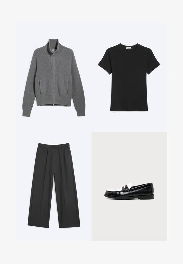Cárdigan gris de punto con cremallera, cuello alto y dos bolsillos delanteros, colocado plano sobre un fondo blanco.; Camiseta negra lisa de manga corta con cuello redondo y etiqueta de la marca Weekday dentro del cuello, mostrada sobre un fondo blanco.; Pantalones negros de pierna ancha con cintura elástica y bolsillos laterales, extendidos en plano sobre un fondo liso.; Zapato mocasín de cuero pulido en blanco y negro con tacón bajo y una correa en la parte superior, mostrado de lado sobre un fondo claro.