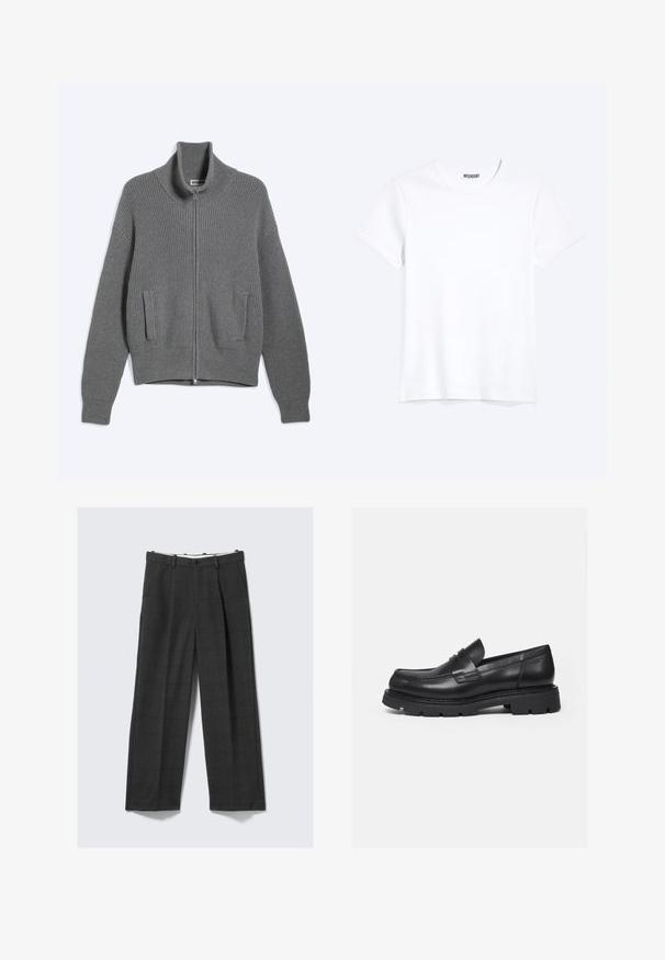Cárdigan gris de punto con cremallera, cuello alto y dos bolsillos delanteros, colocado plano sobre un fondo blanco.; Camiseta blanca lisa de cuello redondo y manga corta con una etiqueta visible de la marca WEEKDAY en el cuello, mostrada sobre un fondo claro.; Pantalones de pierna ancha en gris oscuro con un patrón a cuadros, confeccionados con una tela texturada. Cuentan con un cierre de botón y dos bolsillos laterales.; Mocasín negro de cuero con suela gruesa y acanalada y detalle de tira para moneda, mostrado en perfil lateral derecho sobre fondo blanco.