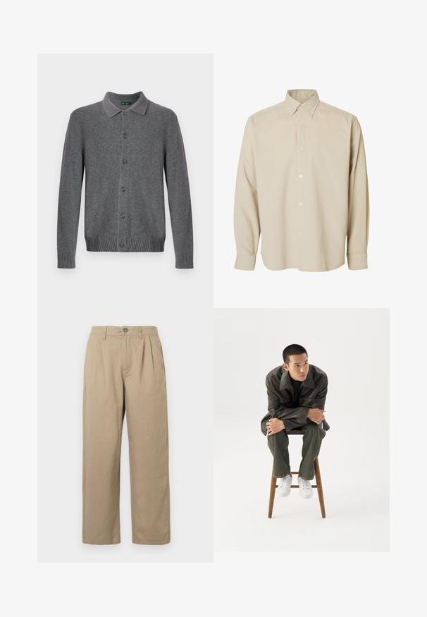 Grijze gebreide cardigan met een kraag, knoopsluiting aan de voorkant en geribbelde manchetten en zoom. Gemaakt van zacht, gestructureerd materiaal.; Beige overhemd met lange mouwen, knopen, puntige kraag en knoopmanchetten, afgebeeld tegen een effen witte achtergrond.; Beige hoge taille broeken met plooien, riemlussen, knoopsluiting en rechte pijpen op een witte achtergrond.; Jonge man in een donkere leren jas en spijkerbroek zit op een houten kruk, leunt naar voren met gekruiste armen en kijkt naar de zijkant tegen een witte achtergrond.
