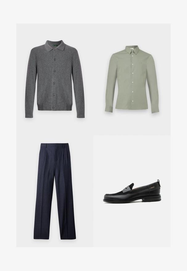 Grå strikket cardigan med krave, knaplukning foran og ribstrikkede manchetter og kant. Fremstillet af blødt, tekstureret materiale.; Lysegrøn skjorte med lange ærmer, knaplukning på kraven og hvide knapper, vist på en ensartet hvid baggrund.; Marineblå uldbukser med en skræddersyet pasform, der har plisseret foran og brede ben. Glat tekstur og rene linjer, velegnet til formelle anledninger.; Sort læderloafer med grå remdetalje, lav hæl og tekstureret sål, mærket med "HUGO" i guld på siden.