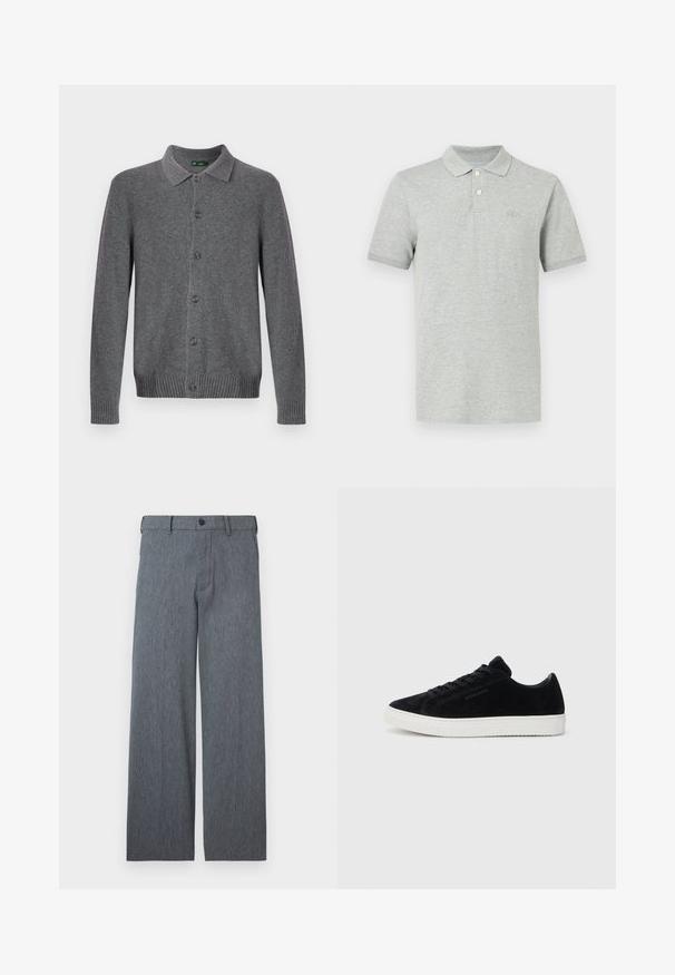 Grijze gebreide cardigan met een kraag, knoopsluiting aan de voorkant en geribbelde manchetten en zoom. Gemaakt van zacht, gestructureerd materiaal.; Lichtgrijs poloshirt met korte mouwen, voorzien van twee witte knopen en een subtiel reliëflogo op de linkerbovenborst.; Grijze broek met rechte pijpen, voorzien van riemlussen, knoopsluiting en subtiele textuur, getoond tegen een witte achtergrond.; Zwarte suède sneakers met een laag ontwerp, ronde neus en witte rubberen zool. Voorzien van zwarte veters en minimale branding aan de zijkant.