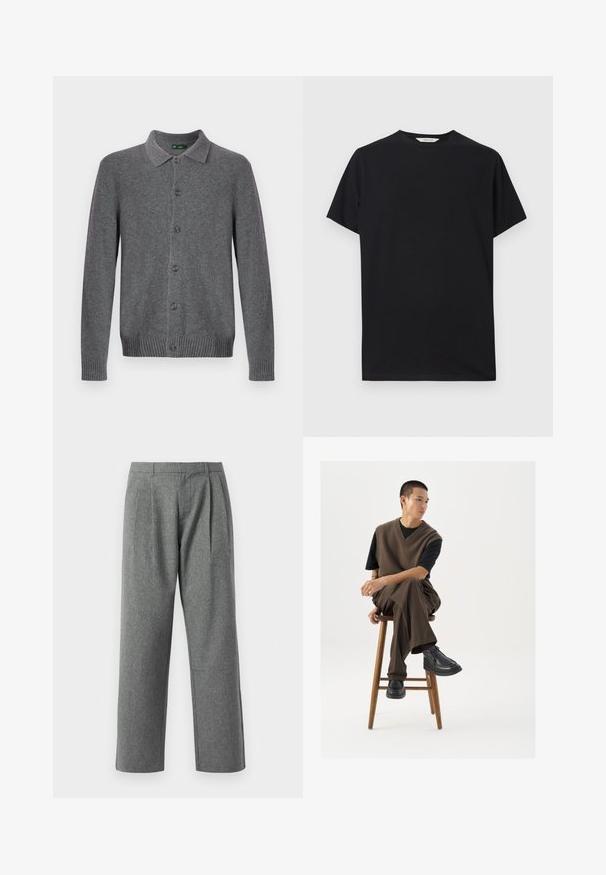 Grå strikket cardigan med krave, knaplukning foran og ribstrikkede manchetter og kant. Fremstillet af blødt, tekstureret materiale.; Sort kortærmet t-shirt lavet af blødt bomuldsstof. Rund halsudskæring med en afslappet pasform, der har rene, enkle linjer og ingen synlige mønstre.; Grå, lige ben bukser lavet af tekstureret stof, med plisseringer foran og et almindeligt taljebånd, uden synlige lommer.; Brun strikket vest over en sort t-shirt, parret med brune vidde bukser og sorte chunky sko, siddende på en træstub.