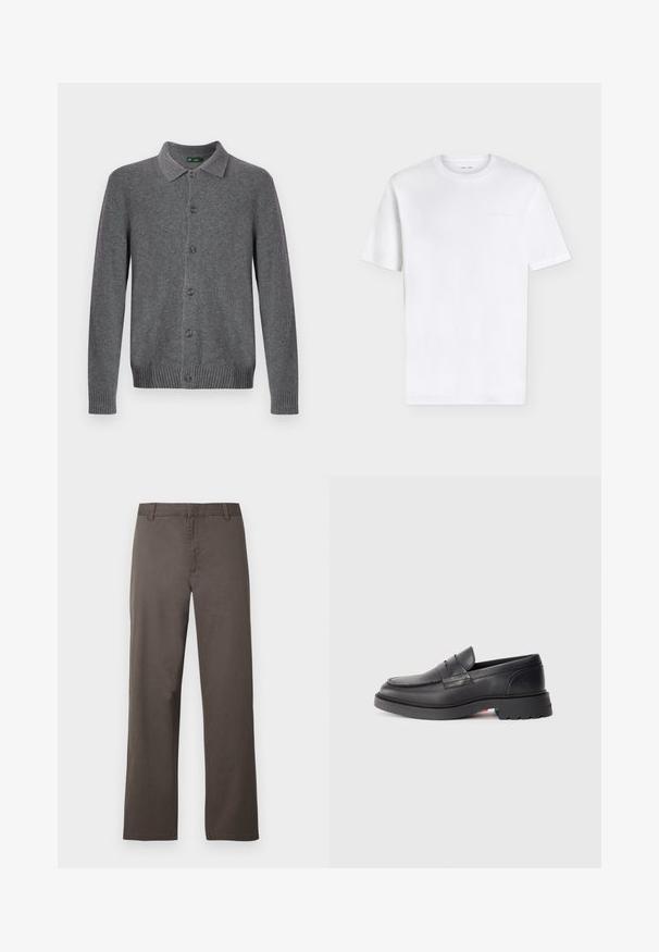 Grijze gebreide cardigan met een kraag, knoopsluiting aan de voorkant en geribbelde manchetten en zoom. Gemaakt van zacht, gestructureerd materiaal.; Effen wit T-shirt met korte mouwen en ronde hals met een subtiel geperst logo op de bovenste linker borst, weergegeven op een witte achtergrond.; Bruine katoenen broek met een rechte pijp, voorzien van riemlussen en een gladde textuur. Geen zichtbare patronen of metalen details.; Zwarte leren instappers met een ronde neus, een verhoogde naad en een dikke rubbere zool. Eenvoudig ontwerp met minimale branding aan de zijkant.
