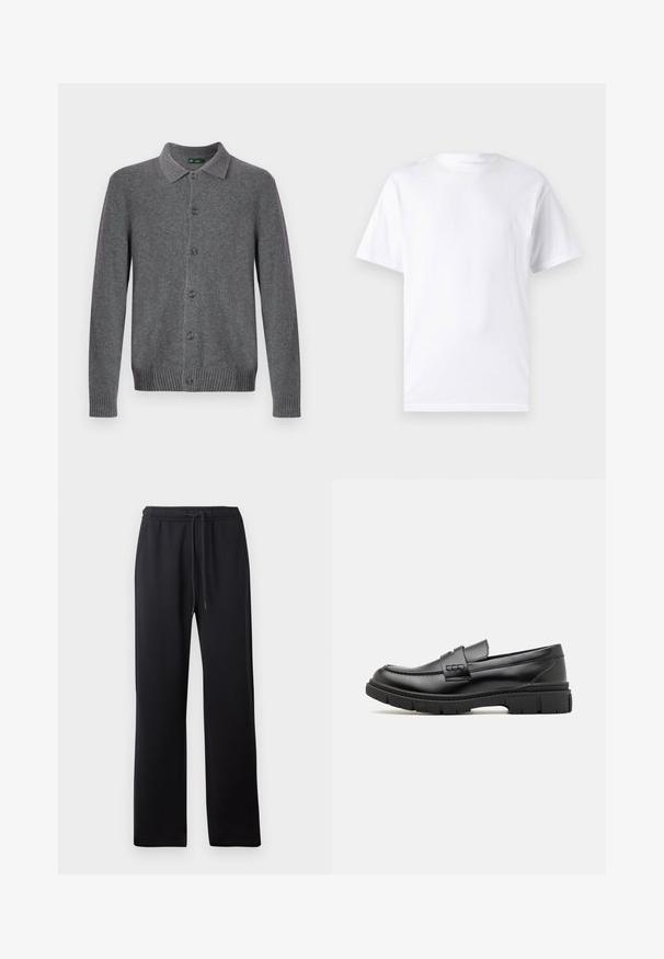 Grå strikket cardigan med krave, knaplukning foran og ribstrikkede manchetter og kant. Fremstillet af blødt, tekstureret materiale.; Hvid kortærmet t-shirt lavet af bomuld med rund hals, der har en glat tekstur og et simpelt design uden mønstre eller accenter.; Abercrombie & Fitch ESSENTIAL BAGGY OPEN HEM CASUAL - Træningsbukser - black; Sort læder loafersko med en bred rem over forfoden, gummisål med tykke mønstre og glat overflade. Klassisk, slankt design.