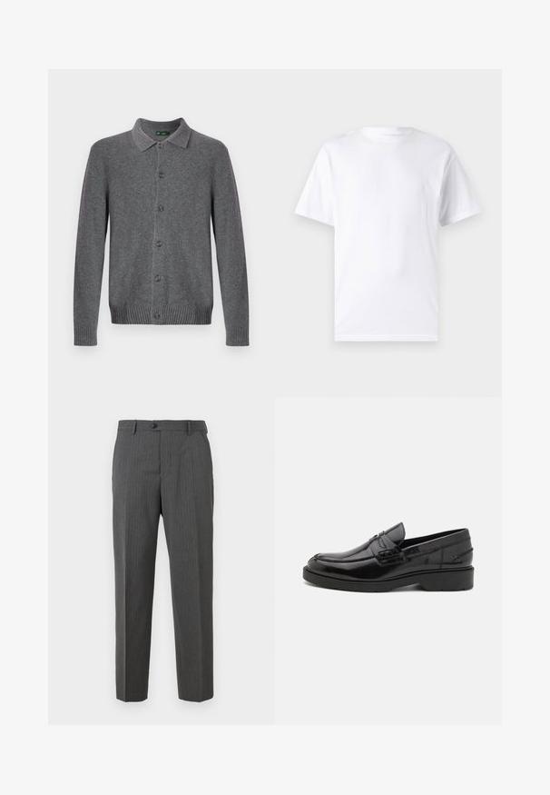 Grijze gebreide cardigan met een kraag, knoopsluiting aan de voorkant en geribbelde manchetten en zoom. Gemaakt van zacht, gestructureerd materiaal.; Witte T-shirt met korte mouwen, gemaakt van katoen, met een ronde hals. Het heeft een gladde textuur en een eenvoudig ontwerp zonder patronen of accenten.; Koolgrijze mannenbroek met subtiele streepjes, knoopsluiting, riemlussen en recht gesneden design op een witte achtergrond.; Zwarte leren instappers met een gladde afwerking, ronde neus, lage hak en decoratieve stiksels aan de voorkant. Rubberen buitenzool voor grip.