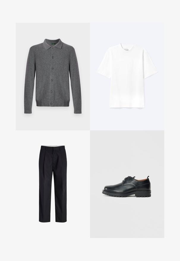 Grijze gebreide cardigan met een kraag, knoopsluiting aan de voorkant en geribbelde manchetten en zoom. Gemaakt van zacht, gestructureerd materiaal.; Effen witte T-shirt met korte mouwen en ronde hals, met een losse pasvorm, weergegeven op een lichte achtergrond.; Zwarte broek met rechte pijpen, voorzien van een tailleband, riemlussen, een ritssluiting aan de voorkant en zijzakken, afgebeeld op een witte achtergrond.; Zwarte leren derby schoenen met een gladde textuur, ronde neus, vetersluiting en een dikke, robuuste rubberen zool.