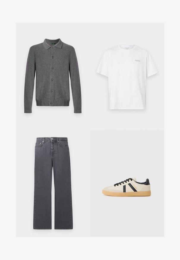 Grijze gebreide cardigan met een kraag, knoopsluiting aan de voorkant en geribbelde manchetten en zoom. Gemaakt van zacht, gestructureerd materiaal.; Witte short-sleeve t-shirt gemaakt van katoen, met een ronde hals en een klein logo op de linkerborst. Soepele textuur, casual pasvorm.; Donkere grijze denim jeans met rechte pijpen en hoge taille, voorzien van knopen aan de voorkant, rits en een ontwerp met vijf zakken, afgebeeld tegen een witte achtergrond.; Casual sneakers in crème met zwarte strepen, voorzien van een gestructureerde bovenkant en een gumrubberen zool. Veters zijn zwart. Subtiel logo aan de zijkant.