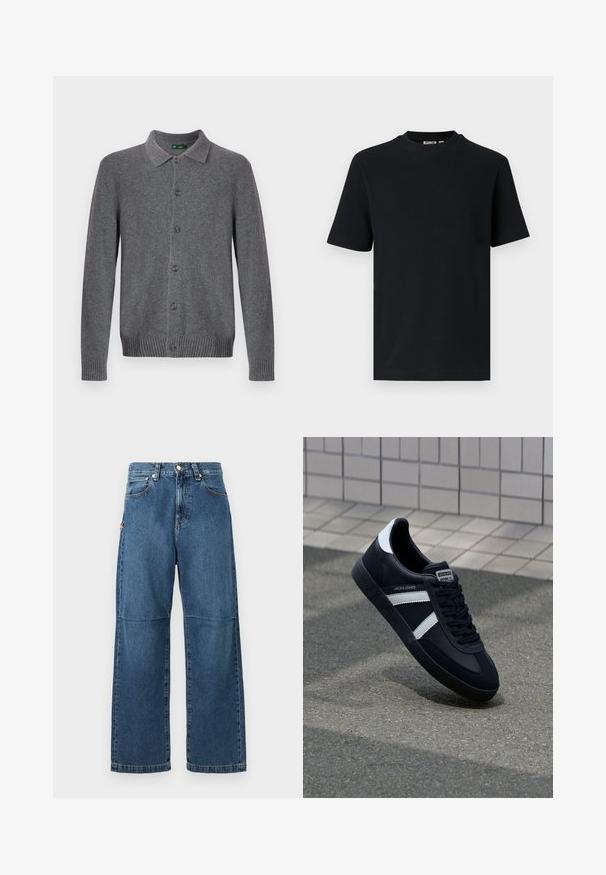 Grijze gebreide cardigan met een kraag, knoopsluiting aan de voorkant en geribbelde manchetten en zoom. Gemaakt van zacht, gestructureerd materiaal.; Zwart, geribd, gebreid T-shirt met korte mouwen en ronde hals, met een klein zichtbaar label aan de binnenkant van de kraag.; Blauwe denim jeans met een relaxte pasvorm, rechte pijpen, zichtbare stiksels en een sluiting met een voorste knop. Heeft een zijzak met een accent.; Zwarte leren sneaker met witte strepen, een gestructureerde rubberen zool en vetersluiting aan de voorkant. Voorzien van een merklabel op de tong.