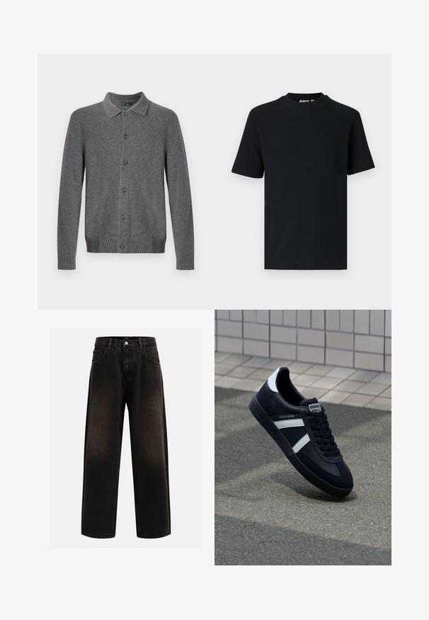 Grijze gebreide cardigan met een kraag, knoopsluiting aan de voorkant en geribbelde manchetten en zoom. Gemaakt van zacht, gestructureerd materiaal.; Zwart, geribd, gebreid T-shirt met korte mouwen en ronde hals, met een klein zichtbaar label aan de binnenkant van de kraag.; Zwarte denim spijkerbroek met een relaxed fit, voorzien van riemlussen, vijf zakken en een knoopsluiting. Gestructureerde stof met een lichte vervaging.; Zwarte leren sneaker met witte strepen, een gestructureerde rubberen zool en vetersluiting aan de voorkant. Voorzien van een merklabel op de tong.