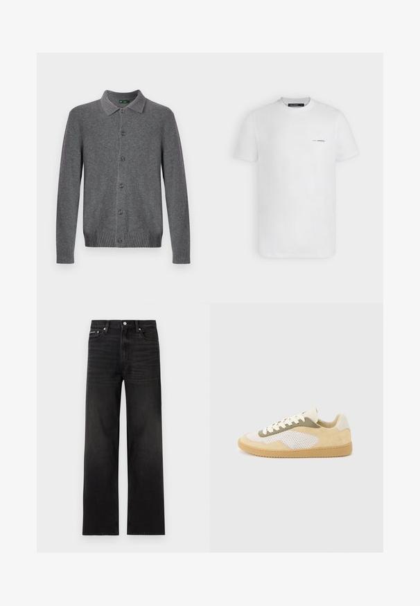 Grå strikket cardigan med krave, knaplukning foran og ribstrikkede manchetter og kant. Fremstillet af blødt, tekstureret materiale.; Hvid t-shirt med korte ærmer og rund hals med lille sort Karl Lagerfeld-logo på venstre bryst.; Sorte jeans med lige ben, fem-lomme design, bæltestropper og knaplukning, vist på en hvid baggrund.; Lav-top sneaker med beige ruskind, hvide meshpaneler, olivengrønne detaljer, hvide snørebånd og gummisål i karamelfarve på en lysegrå baggrund.