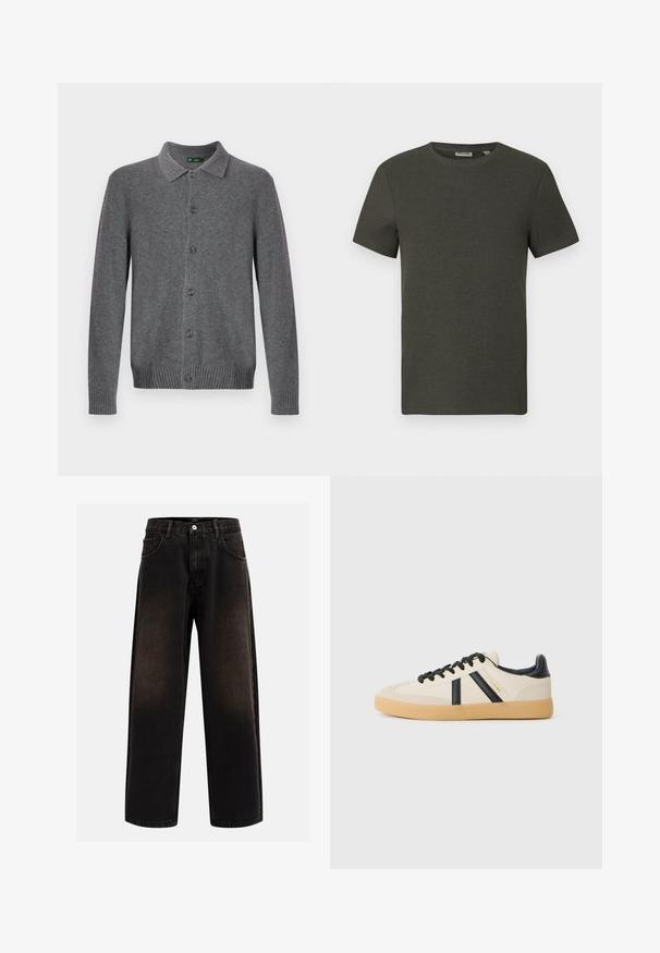 Grå strikket cardigan med krave, knaplukning foran og ribstrikkede manchetter og kant. Fremstillet af blødt, tekstureret materiale.; Mørkegrøn kortærmet t-shirt med rund halsudskæring, lavet af ribbet materiale; har et enkelt, minimalistisk design uden mønstre.; Sorte denim jeans med en afslappet pasform, der har bæltestropper, fem-lomme design og en knaplukning. Struktureret stof med let falmning.; Casual sneakers i creme med sorte striber, med en tekstureret overdel og sål i gummigummi. Snørebåndene er sorte. Diskret logo på siden.