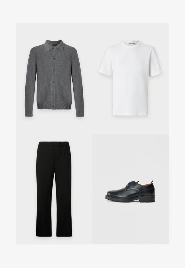 Grijze gebreide cardigan met een kraag, knoopsluiting aan de voorkant en geribbelde manchetten en zoom. Gemaakt van zacht, gestructureerd materiaal.; Wit T-shirt met korte mouwen, wafelstructuur en ronde hals, met een klein merkembleem aan de binnenkant van de kraag, afgebeeld op een effen achtergrond.; Zwarte elastische taillebroek met een recht model. Gemaakt van een gladde stof, zonder zichtbare patronen of versieringen.; Zwarte leren derby schoenen met een gladde textuur, ronde neus, vetersluiting en een dikke, robuuste rubberen zool.